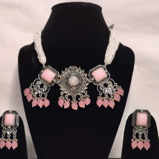 Oxidized Pink and Silver Necklace Set