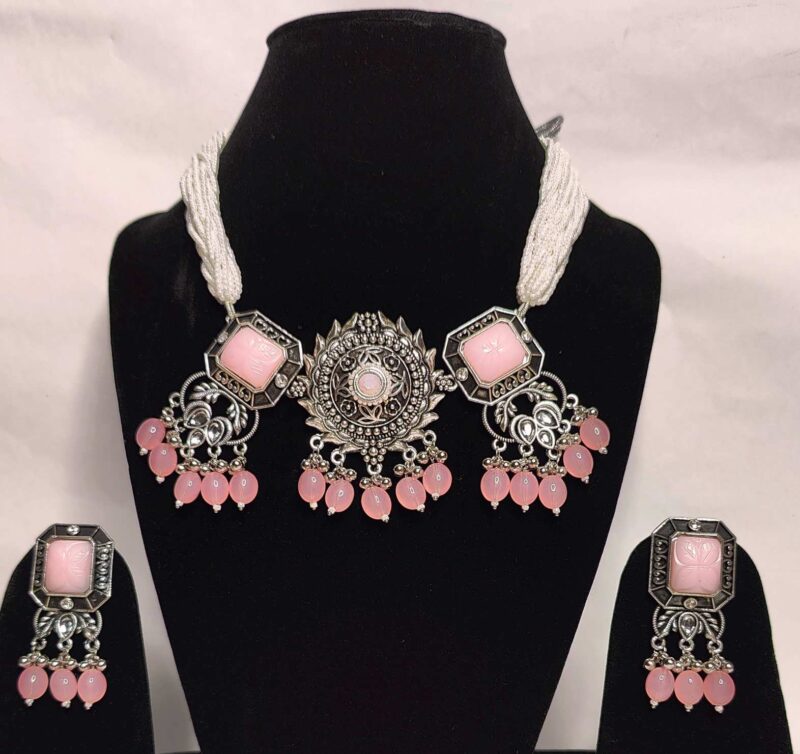 Oxidized Pink and Silver Necklace Set