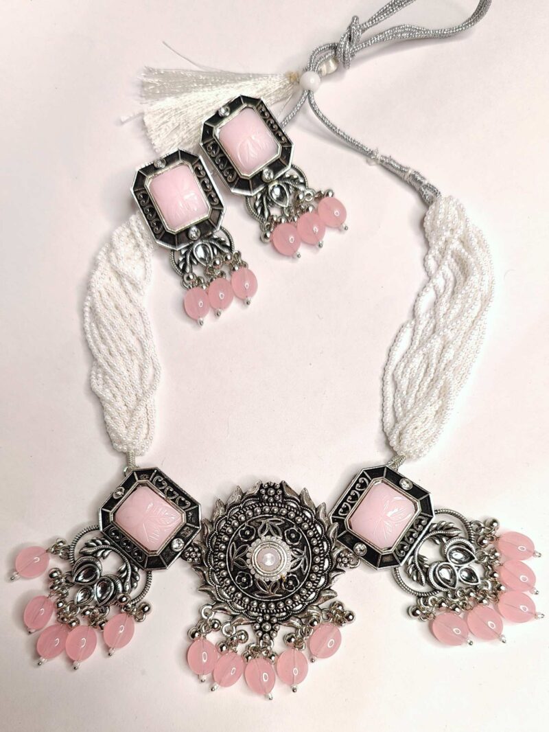 Oxidized Pink and Silver Necklace Set