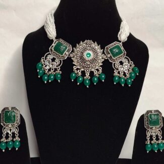 Necklace Set Green and Silver Oxidized