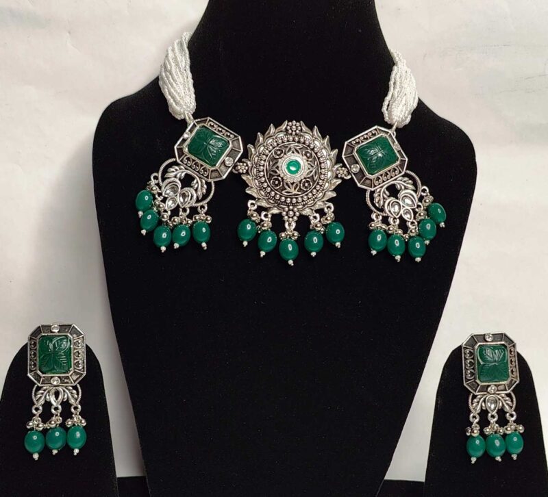 Necklace Set Green and Silver Oxidized