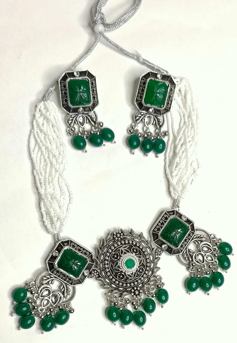 Necklace Set Green and Silver Oxidized