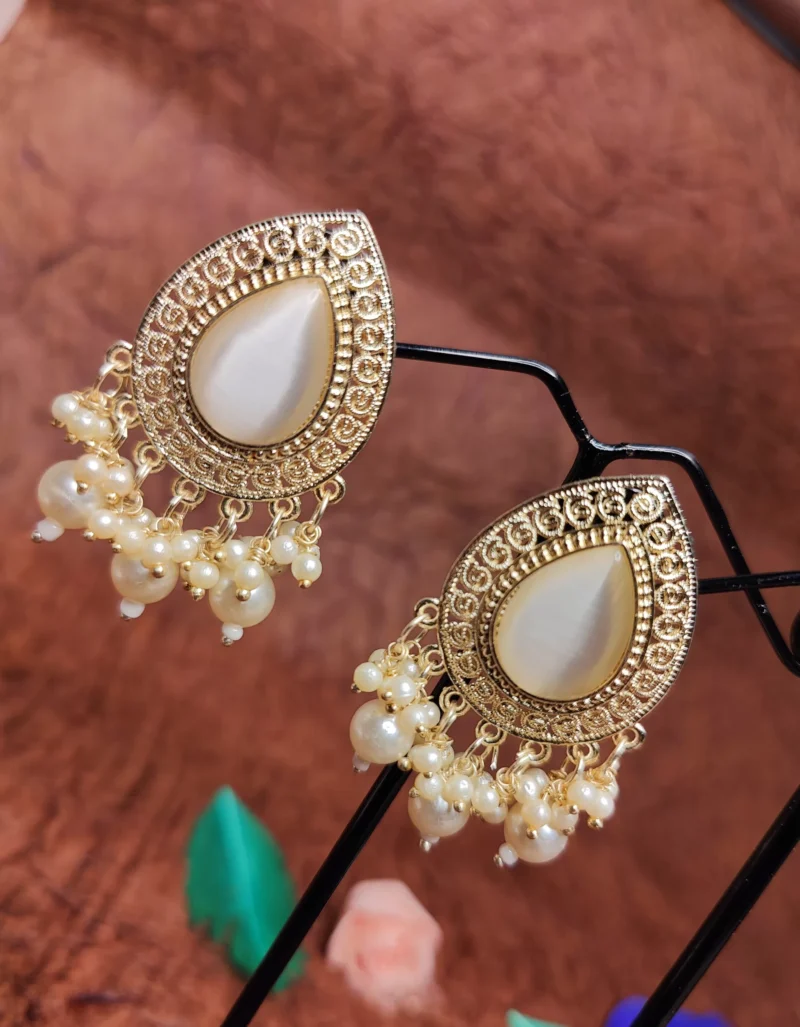 Golden Dangler Stud Earrings With Monalisa Stone