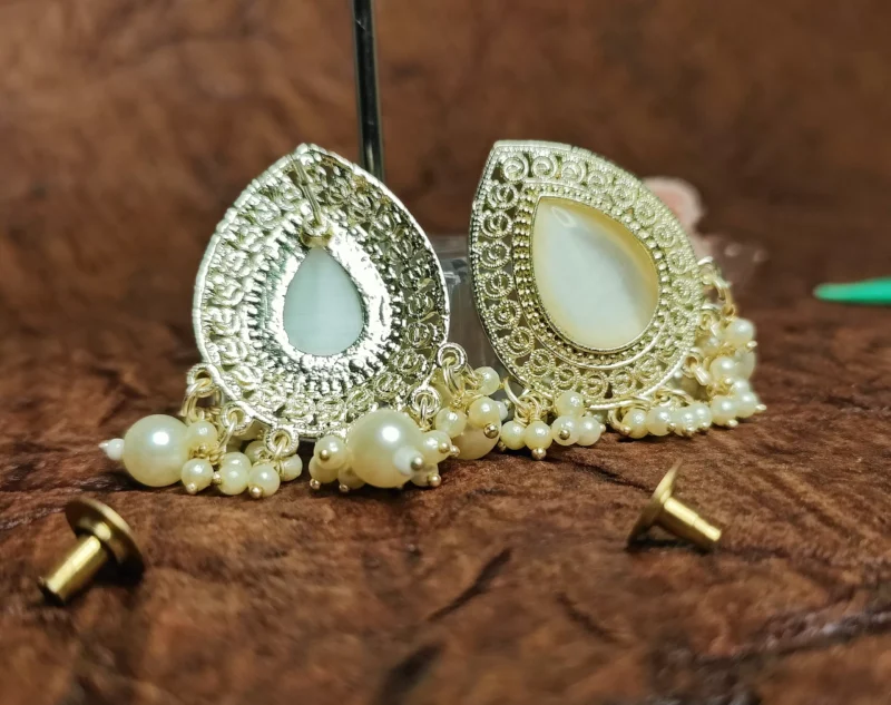 Golden Dangler Stud Earrings With Monalisa Stone