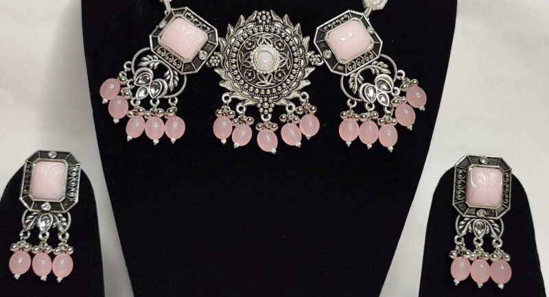 Oxidized Pink and Silver Necklace Set