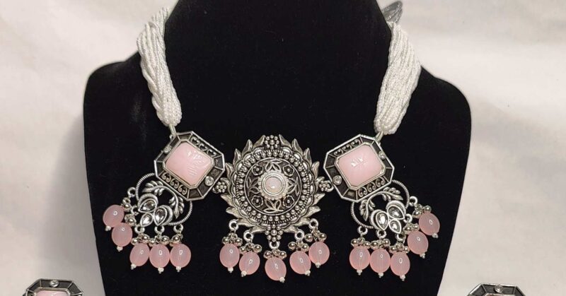 Oxidized Pink and Silver Necklace Set