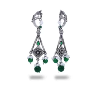 oxidized-silver-toned-green-stone-studded-geometric-drop-earrings