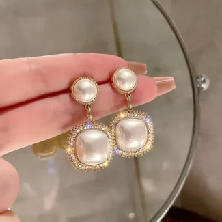 Square pearl and diamond earrings