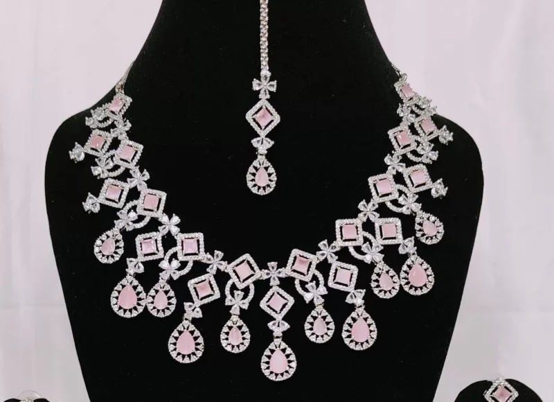 American Diamond Necklace Set Pink