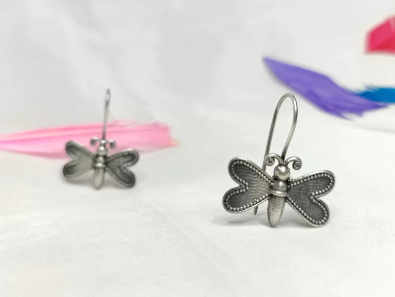 Silver oxidized dangle earrings butterfly shape