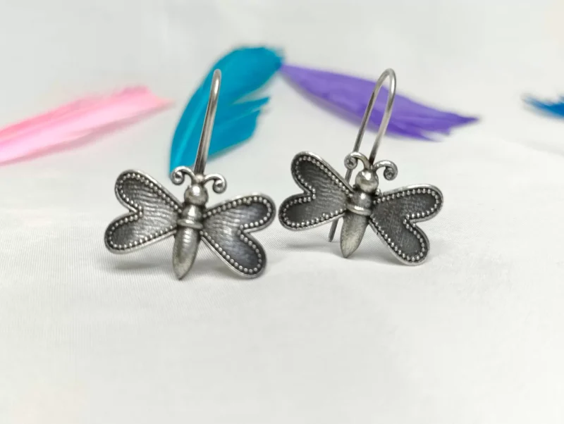 Silver oxidized dangle earrings butterfly shape