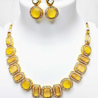 Monalisa Stone & AD Studded Necklace Set Yellow color