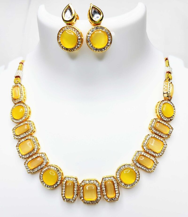 Monalisa Stone & AD Studded Necklace Set Yellow color