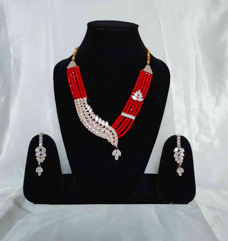 Crystal Beaded Five Line Necklace Set with AD Stones