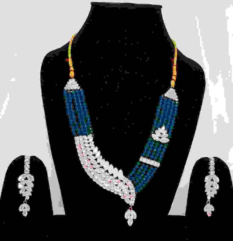 Crystal Beaded Five Line Necklace Set with AD Stones