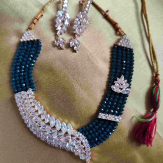 Crystal Beaded Five Line Necklace Set with AD Stones