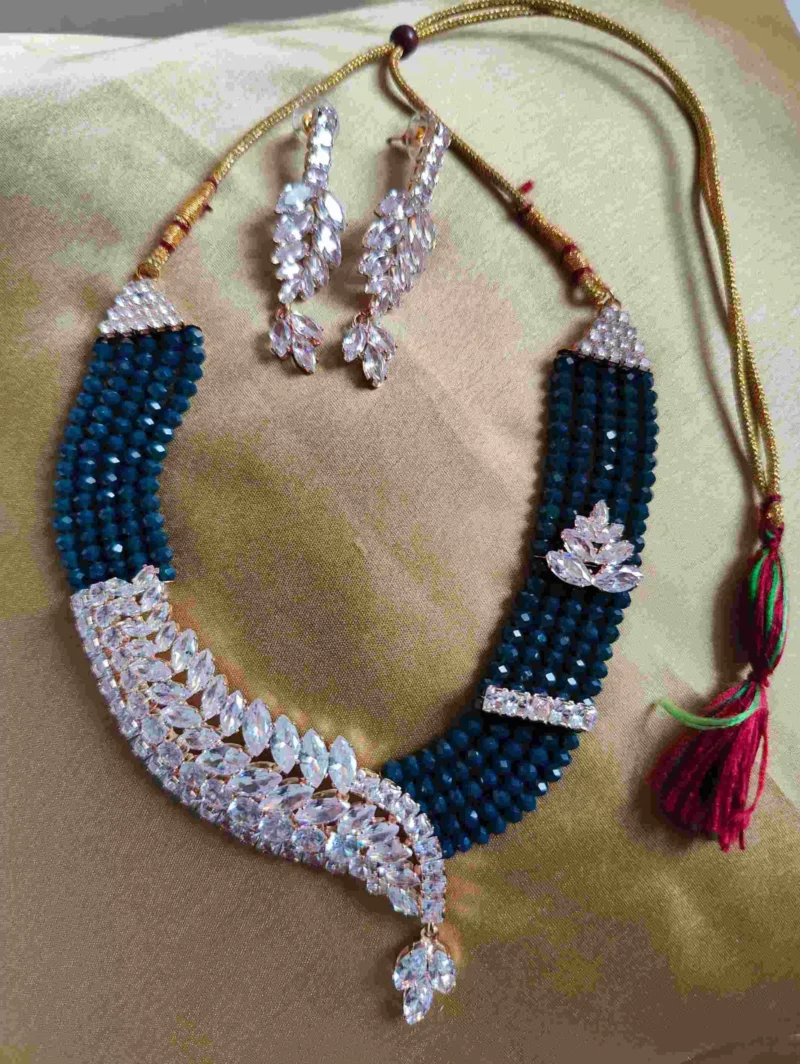 Crystal Beaded Five Line Necklace Set with AD Stones