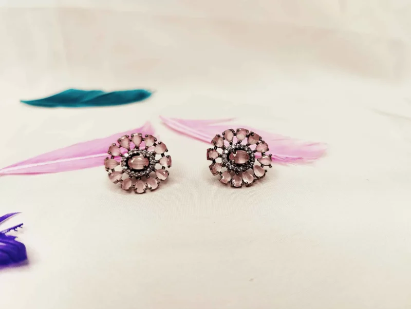 American Diamond Light- Pink Mini Stone Studded Earrings Black Polish