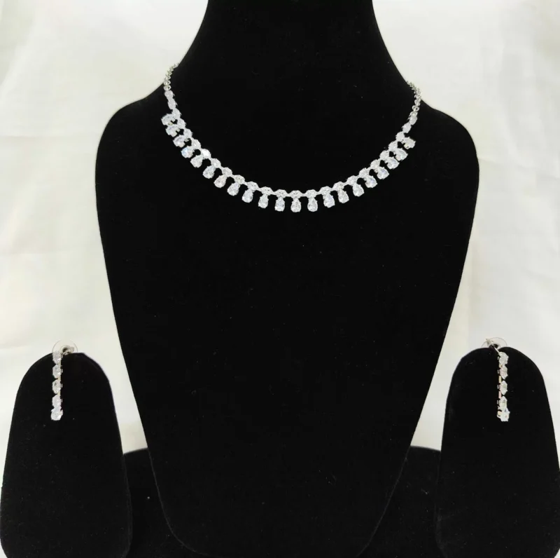 Rhodium-Plated Stone-Studded Necklace & Earrings Set