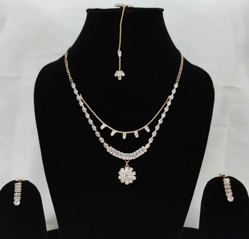 Necklace & Earrings Set Base Metal : Alloy Plating : Rhodium Stone Type : Rhinestone Sizing : Adjustable Type : Necklace and Earrings Net Quantity (N) : 1