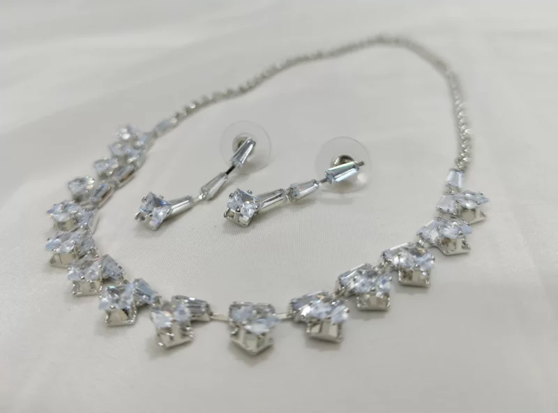 Rhodium-Plated Stone-Studded Necklace & Earrings Set