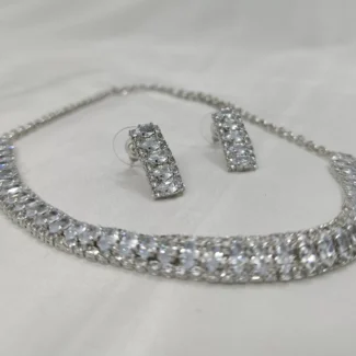 Rhodium-Plated Stone-Studded Necklace & Earrings Set