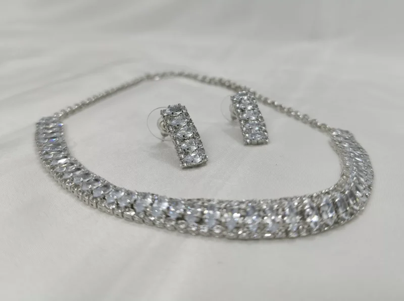 Rhodium-Plated Stone-Studded Necklace & Earrings Set