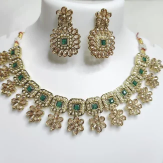 Green Stone Ethnic Necklace with Earrings and Tikka