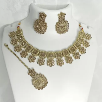 Golden Stone Ethnic Necklace with Earrings and Tikka