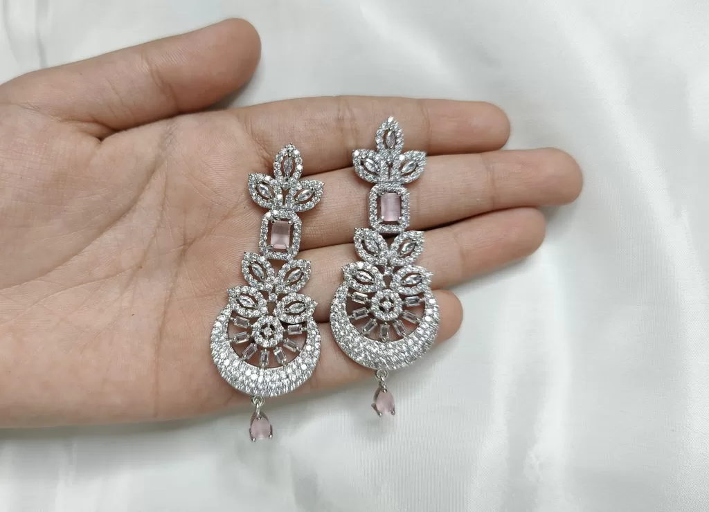 Voguish Pink American Diamond Earrings by Kalakriti Gallery