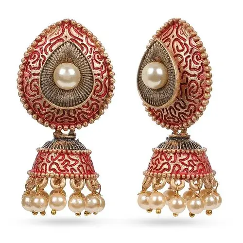 Trendy Jhumki, Red Meenakari Enamel Teardrop Shape Jhumki Earrings