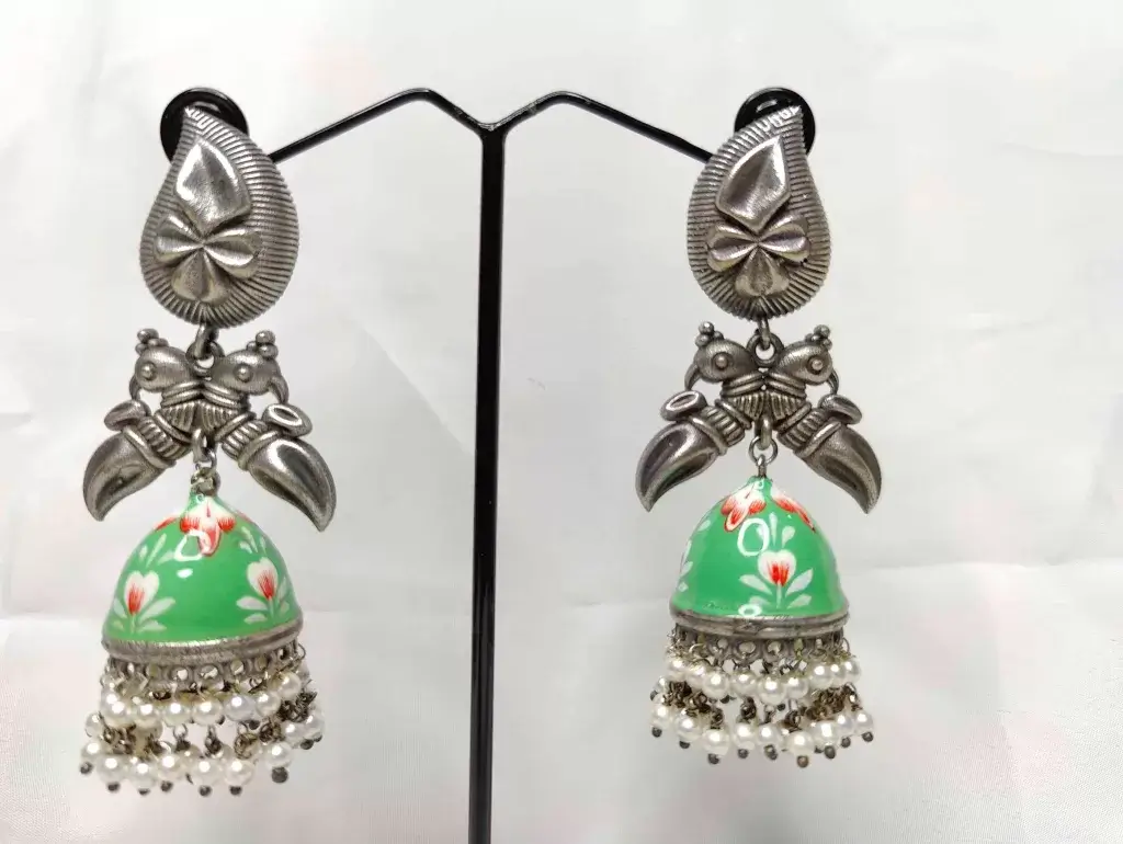 Minakari silver Replica Green Jhumka