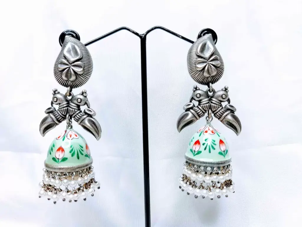 Minakari silver Replica Light Green Jhumka