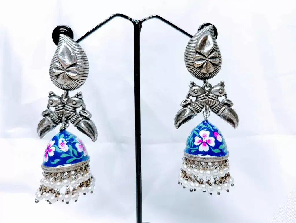 Minakari silver Replica Blue Jhumka