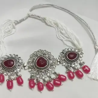 Elegant Oxidised Pink and Silver Jewellery Set