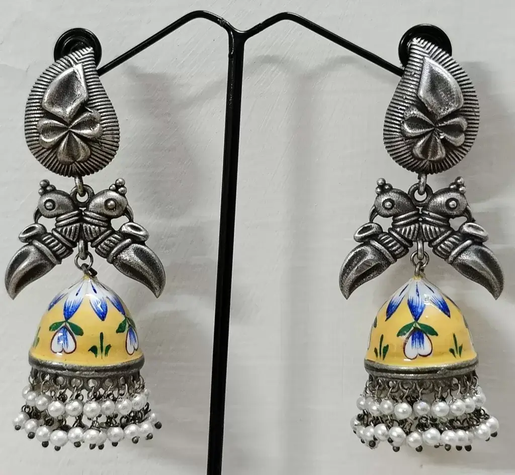 Minakari silver Replica Yellow Jhumka