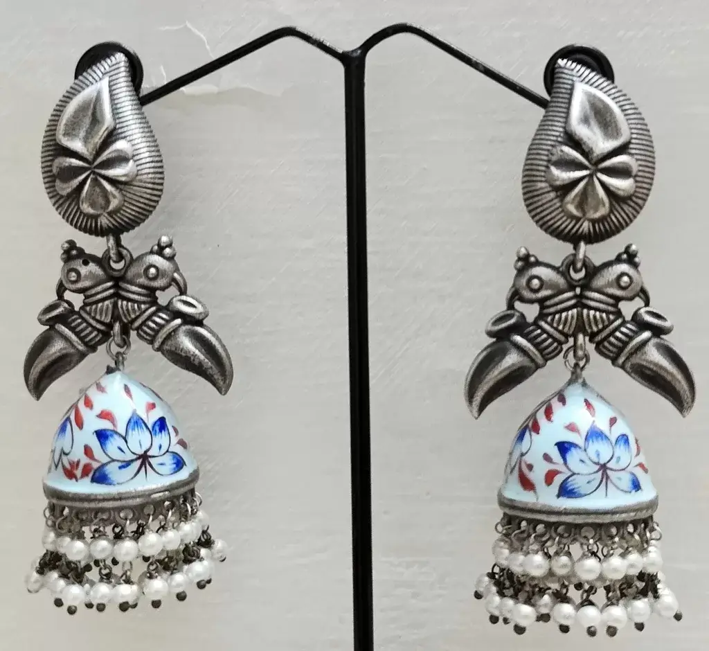 Minakari silver Replica Navy Blue Jhumka