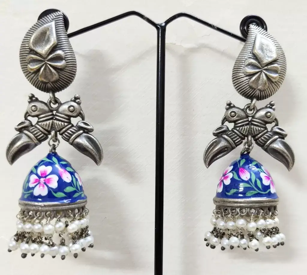 Minakari silver Replica Blue Jhumka