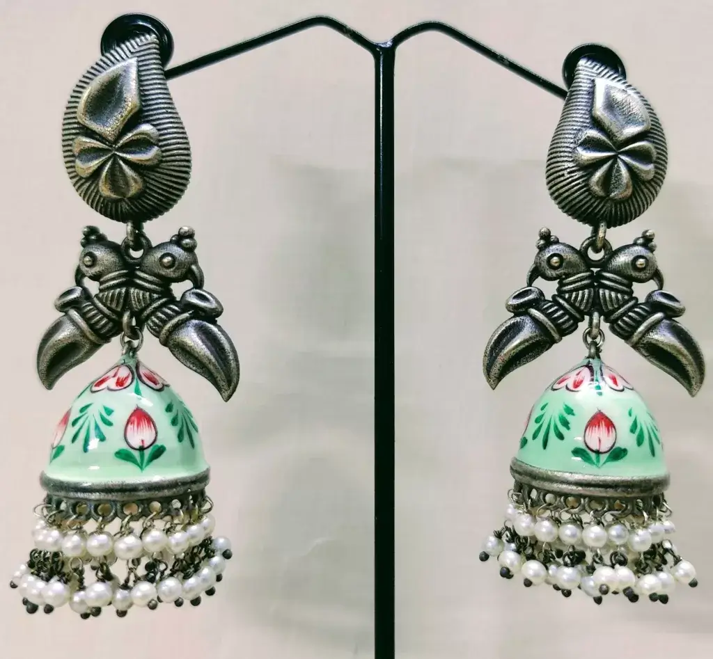 Minakari silver Replica Light Green Jhumka