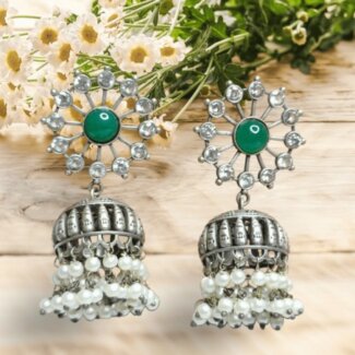 Silver Replica Green Stone Jhumka