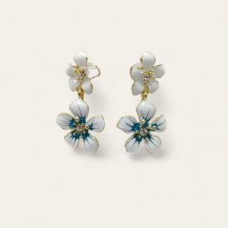 Gold Tone White Double Drop Flower Earrings