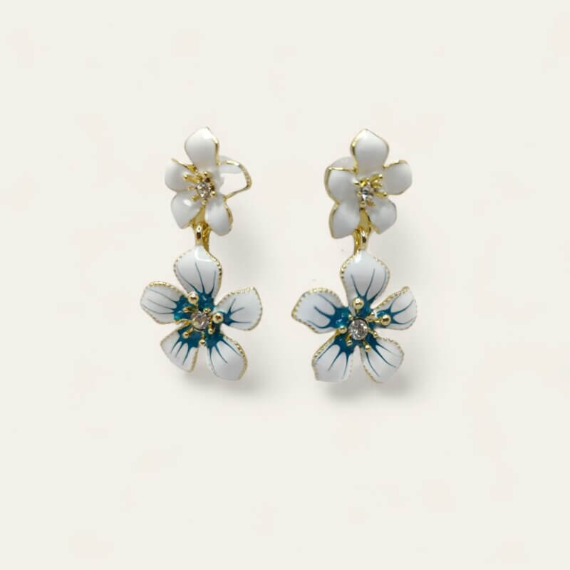 Gold Tone White Double Drop Flower Earrings