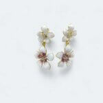 Gold Tone White Double Drop Flower Earrings