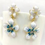 Gold Tone White Double Drop Flower Earrings