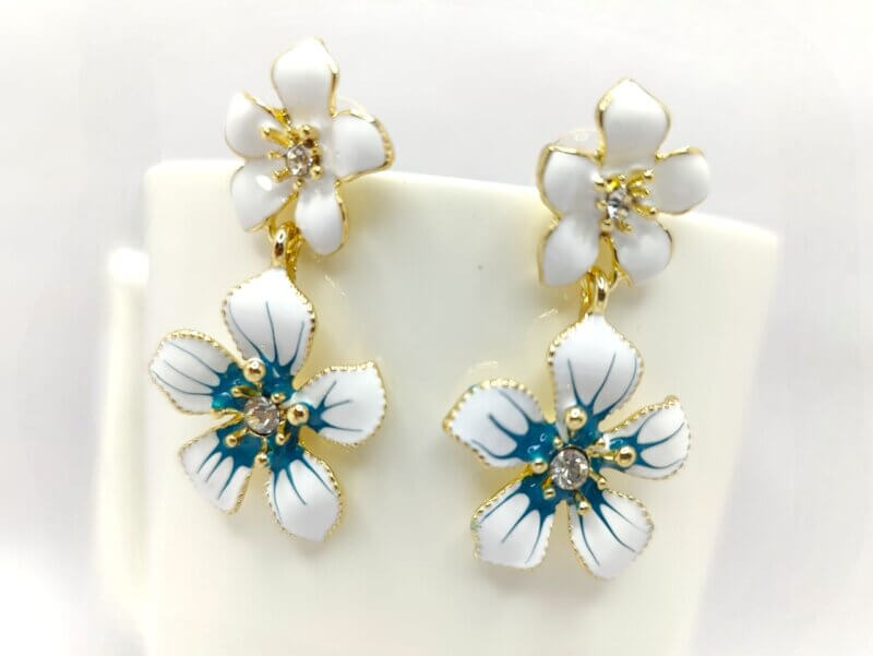 Gold Tone White Double Drop Flower Earrings